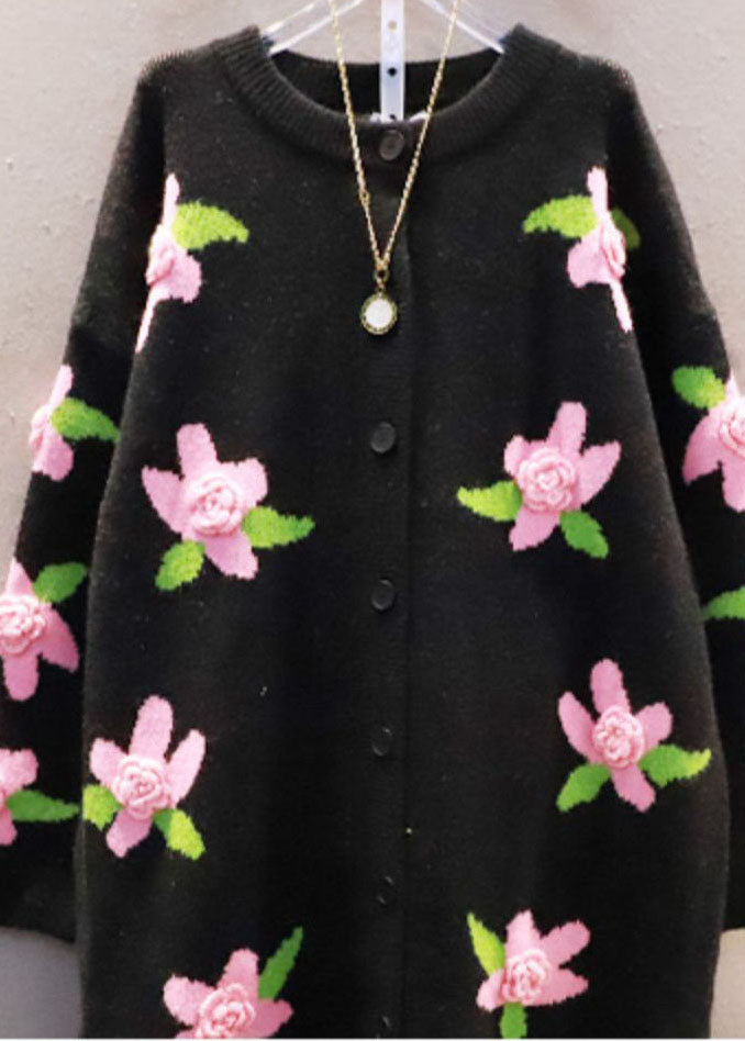 Italian Black O-neck Warm Knit Loose Cardigan Spring