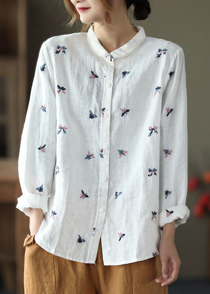 White Peter Pan Collar Embroideried Patchwork Linen Top Spring