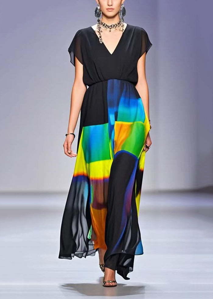 Black V Neck Print Chiffon Dress Summer