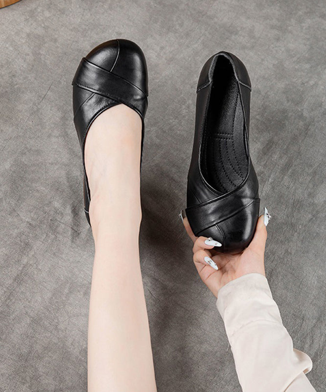 Cross Strap Chunky Flat Shoes for Black Cowhide Leather