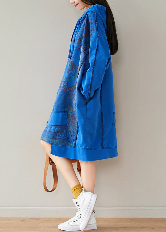 Blue Print Sweatshirts Dresses Drawstring Asymmetrical Spring