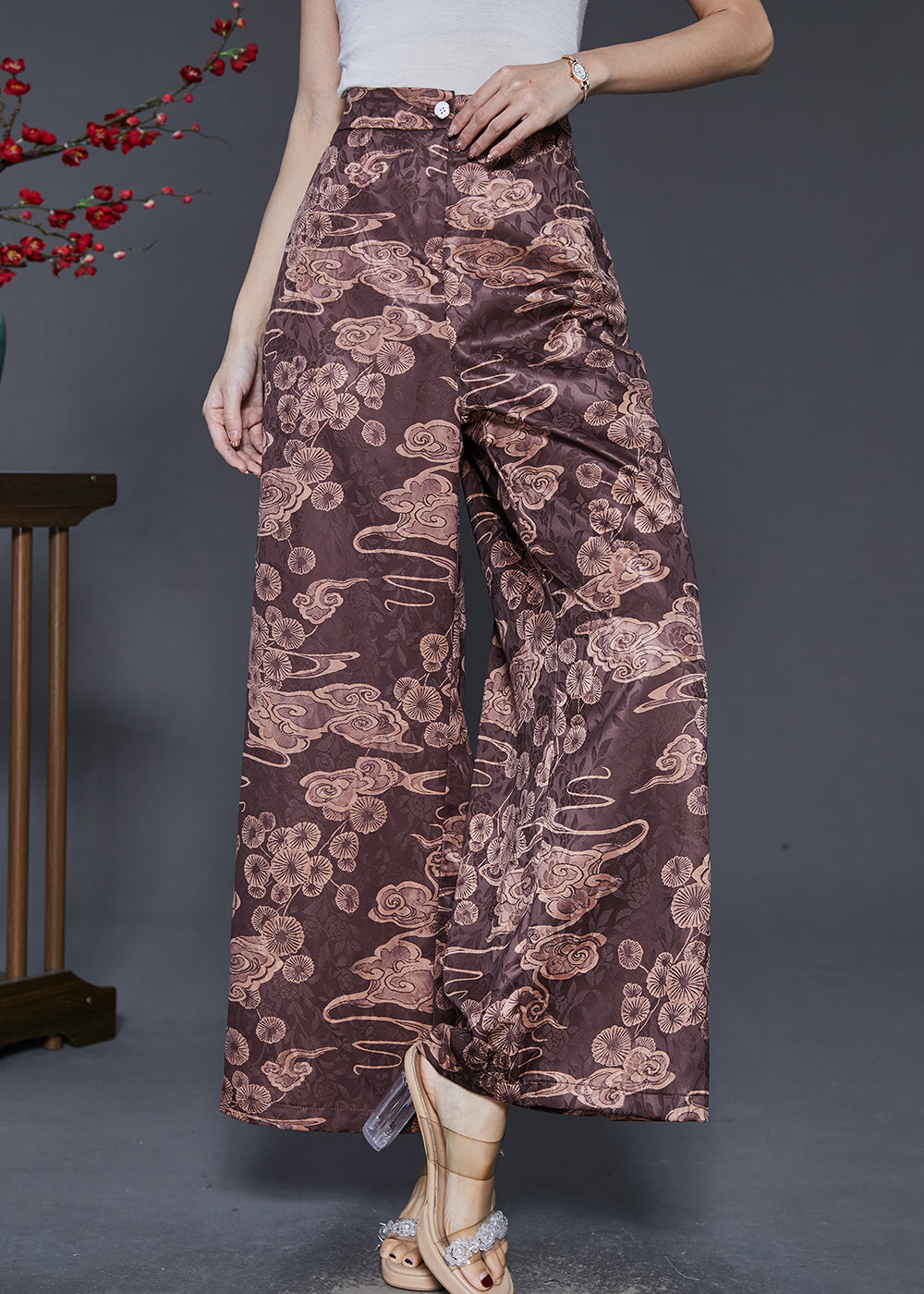 Brown Elastic Waist Print Silk Wide Leg Pants Spring