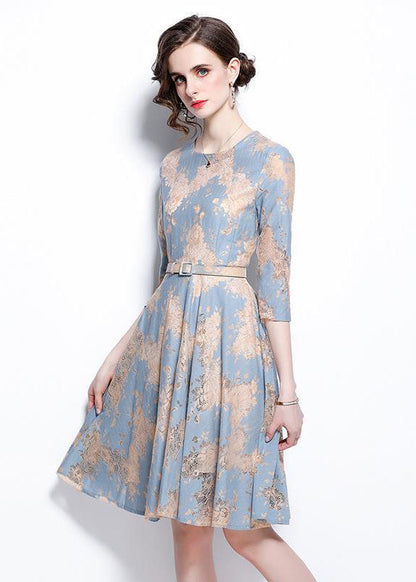 French Light Blue O-neck Embroideried Lace Cinch Dresses Bracelet Sleeve