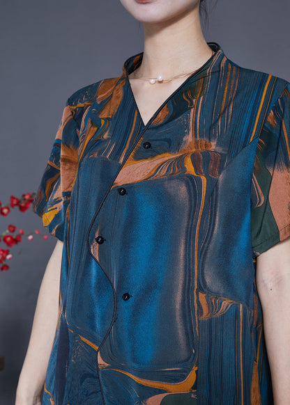 Navy V Neck Asymmetrical Print Silk Two Pieces Set Summer