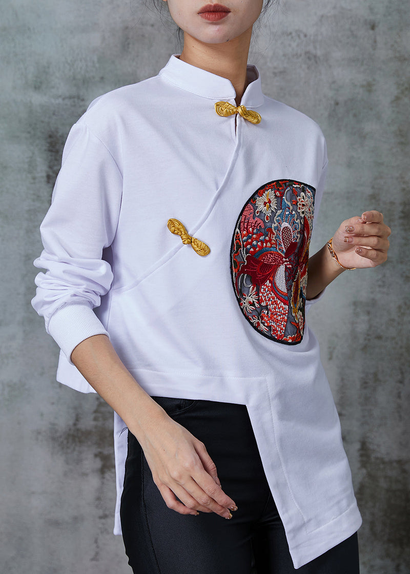 Diy White Asymmetrical Embroidered Cotton Blouses Spring