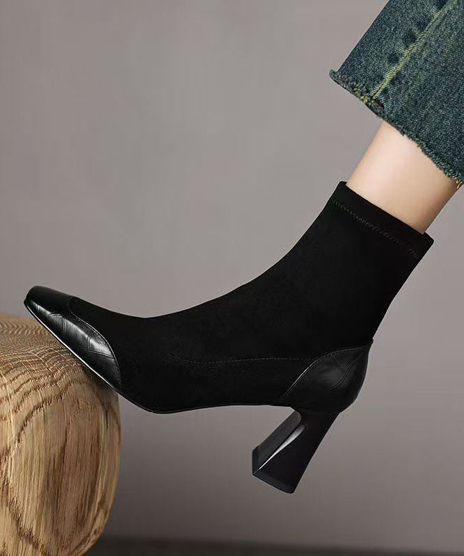 Brown Splicing Suede Chunky Heel Boots