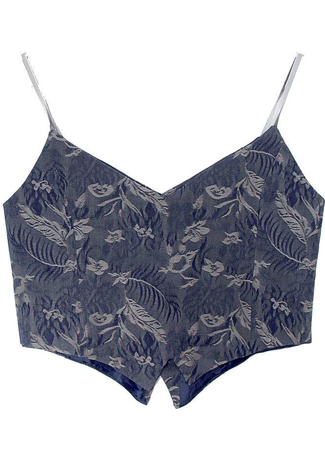 Blue Jacquard V Neck Button Spaghetti Strap Cotton Summer Tank