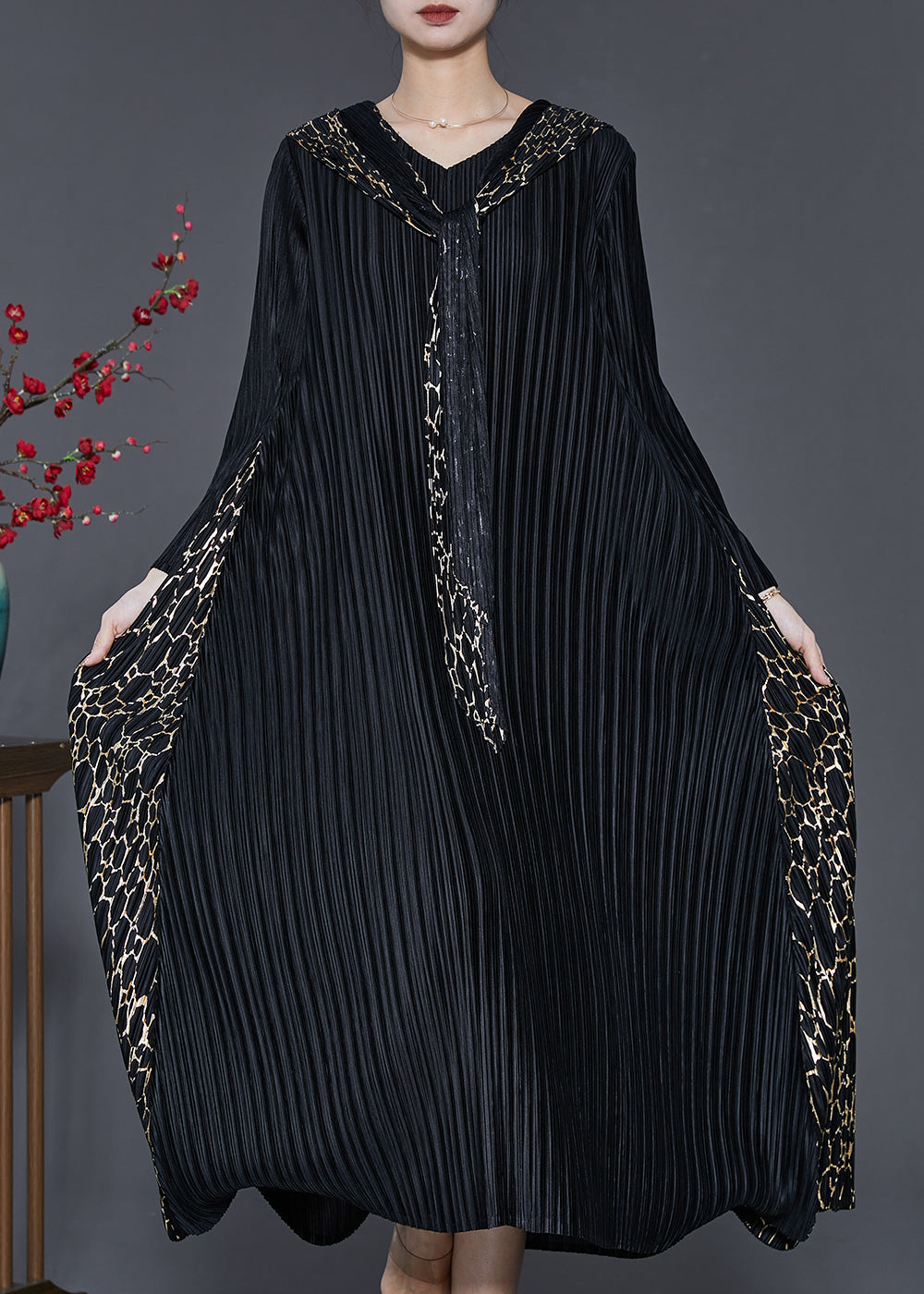 Black Hooded Patchwork Wrinkled Maxi Dresses Spring