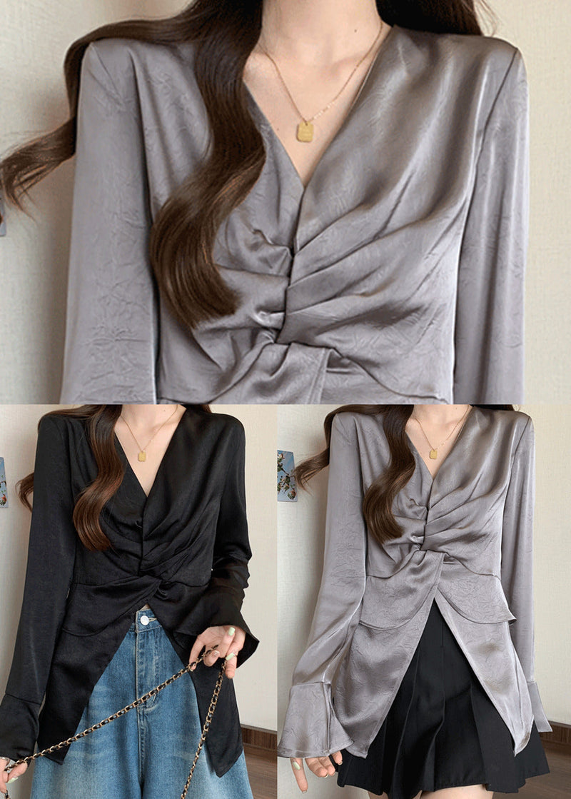 Grey Side Open Wrinkled Silk Shirt Tops Fall
