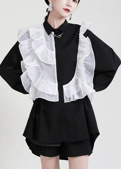 Stylish Black Peterpan Collar Button Ruffles Asymmetrical Design Fall Top Long Sleeve
