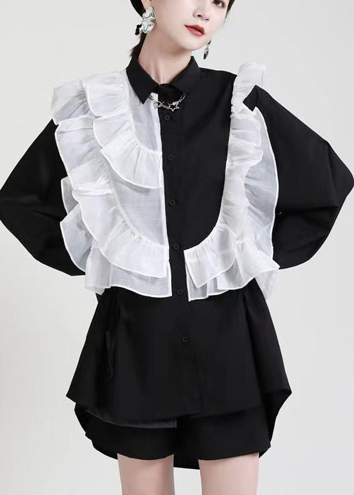 Stylish Black Peterpan Collar Button Ruffles Asymmetrical Design Fall Top Long Sleeve