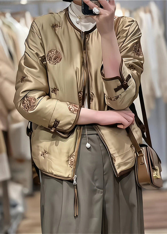 Coffee Embroideried Fine Cotton Filled Winter Coats