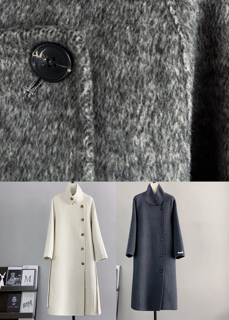 White Woolen Coats Stand Collar Tie Waist Winter