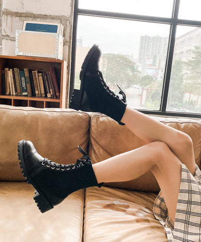 New Black Faux Leather Splicing Lace Up Boots