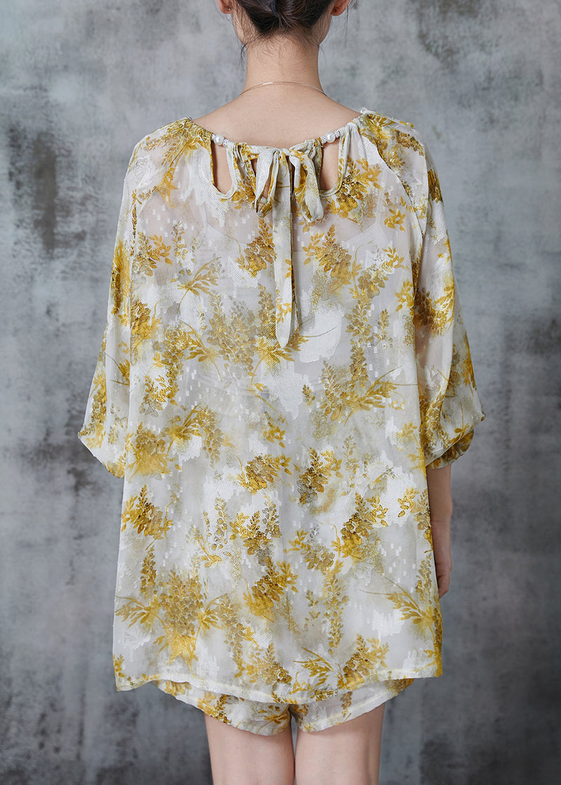 Boutique Yellow Print Hollow Out Chiffon Sets 2 Pieces Summer