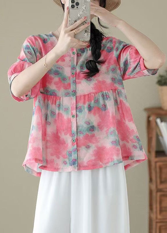 Pink O Neck Print Patchwork Cotton Shirts Summer