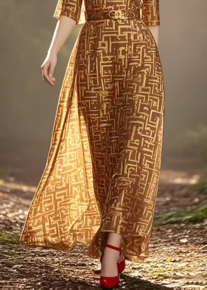 Brown Cinched Print Chiffon Long Dress Half Sleeve