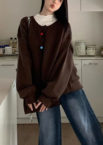 Modern Apricot O-neck Pockets Button Cotton Knit Sweater Coats Fall