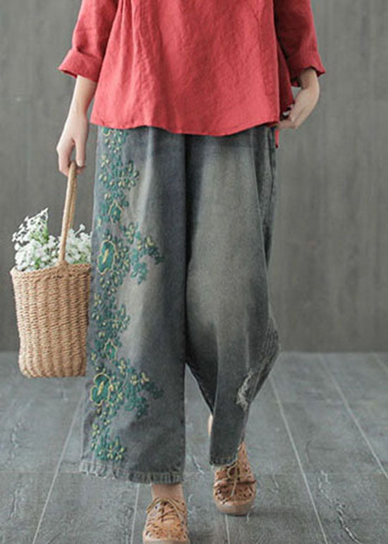 Blue Hole Embroideried Denim Cotton Wide Leg Pants Spring