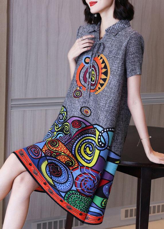 Simple Grey Print Peter Pan Collar Mandarin Collar Tie Summer Dress