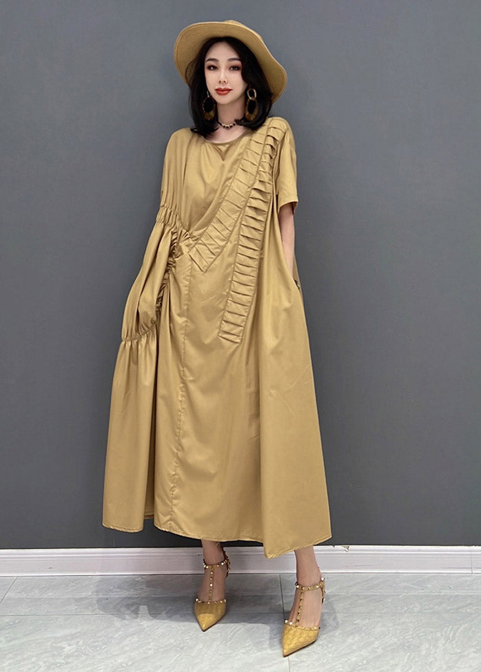 Classy Khaki O-neck Asymmetrical Wrinkled Pockets Long Dresses Short Sleeve