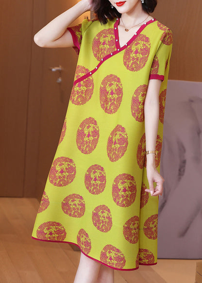 Loose Yellow V Neck Print Wrinkled Silk a Line Dresses Short Sleeve