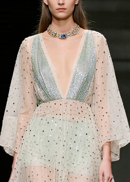 Beige Sequins Sheer Tulle Beach Dresses Summer