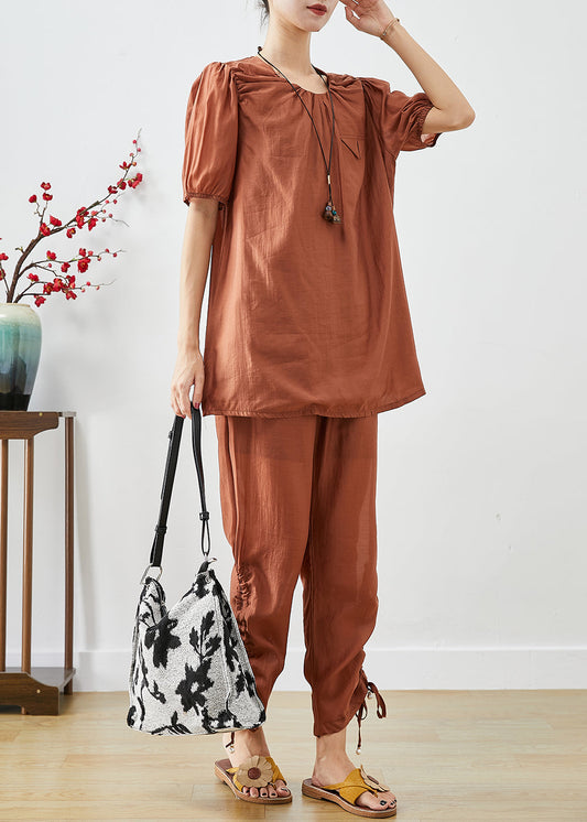 Handmade Brick Red O-neck Cinched Silk Two Pieces Set Summer