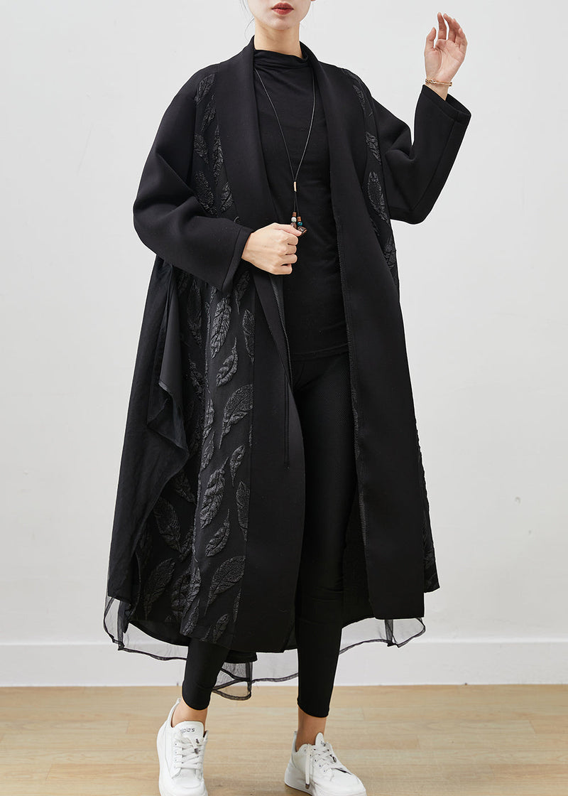 Black Oversized Patchwork Jacquard Cotton Trench Coats Spring
