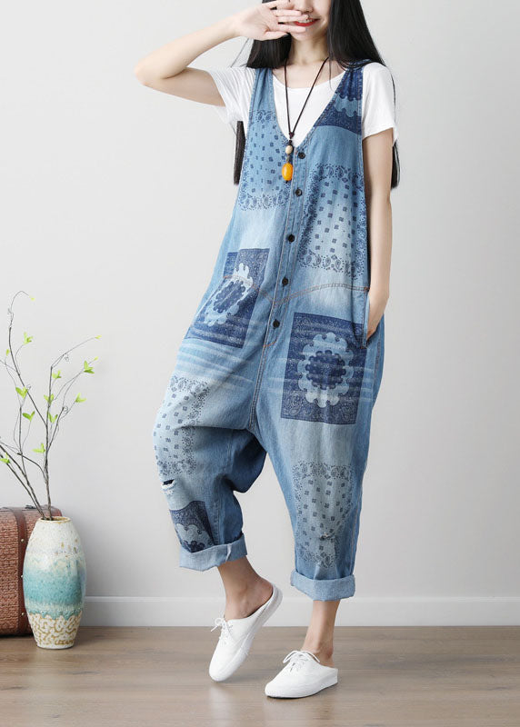 Loose Blue Hole V Neck Print Cotton Denim Jumpsuits Spring