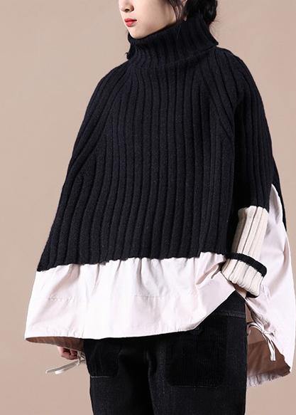 Aesthetic Black Top High Neck Patchwork Clothing Spring Knitted Blouse