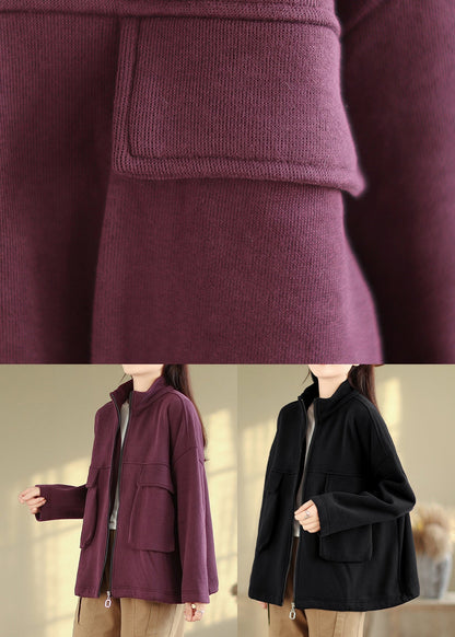 Black Pockets Patchwork Warm Fleece Coat Zip Up Fall