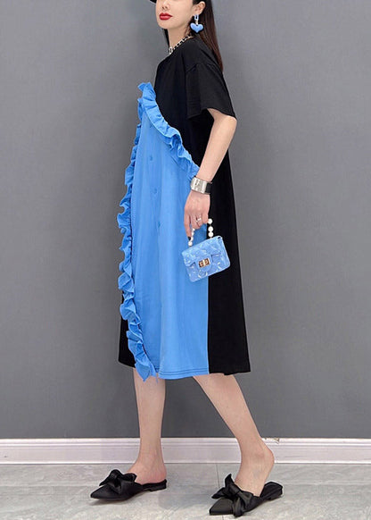 Blue O-neck Ruffled Patchwork Button Dress Short Sleeve