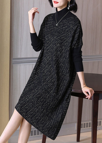 Chocolate Hign Neck Patchwork Woolen Sweater Dress Winter