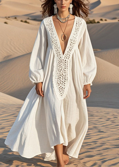 Unique White Oversized Hollow Out Cotton Maxi Dress Spring