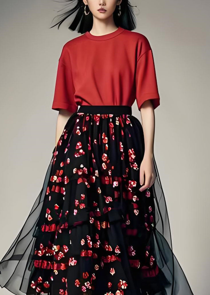 Fine O Neck Cotton Tops and Chiffon Skirts Two Pieces Set Summer