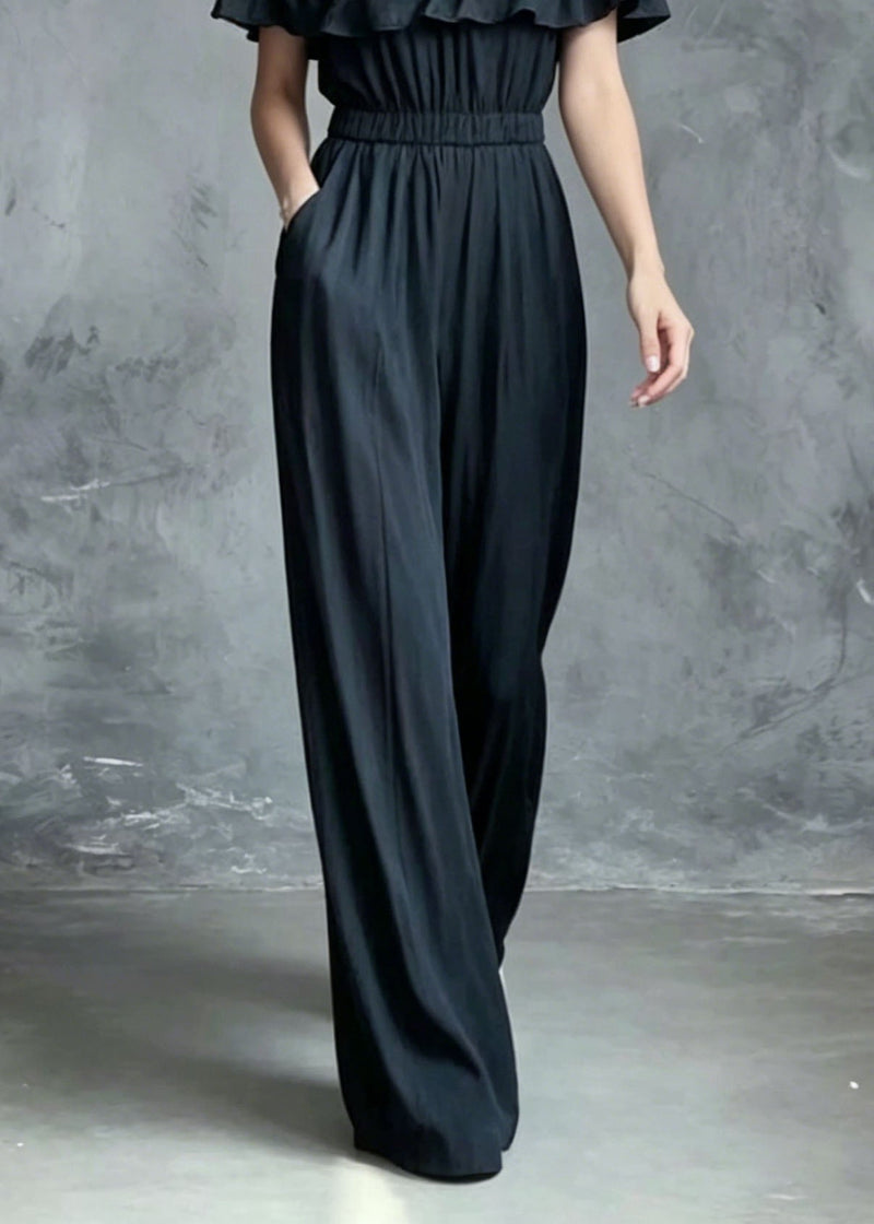 French Slash Neck Ruffled Patchwork Cotton Jumpsuit Summer