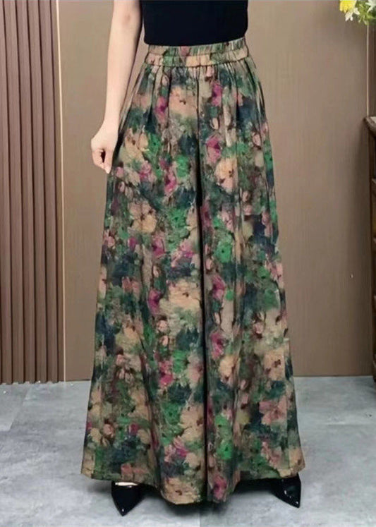 Green Elastic Waist Print Ice Silk Wide Leg Pants