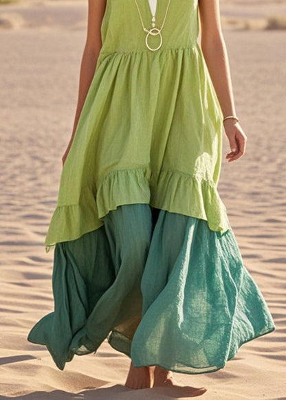 Green Patchwork Cotton Maxi Dresses Exra Large Hem Sleeveless Summer