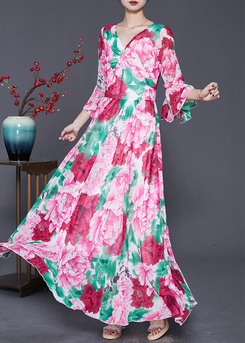 Red Exra Large Hem Chiffon Ankle Dress Flare Sleeve