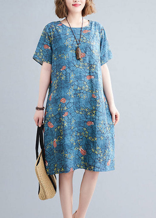 Number One Flower O-neck Print Pockets Dress Short Sleeve