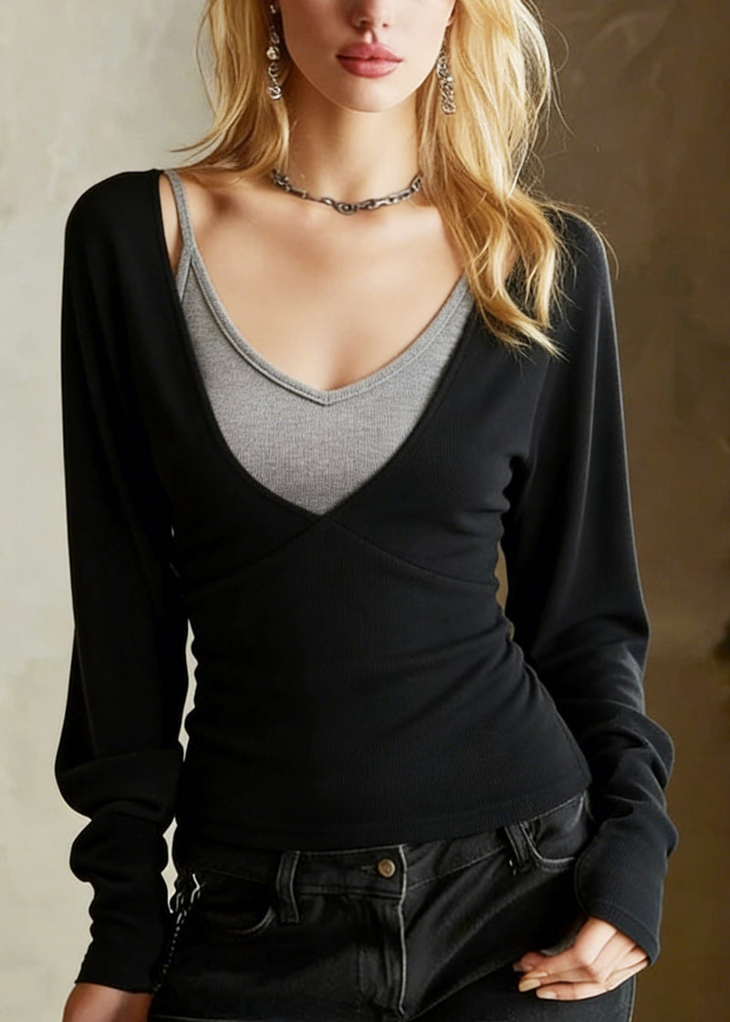 Black Top and Spaghetti Strap Cotton Two Pieces Set Spring