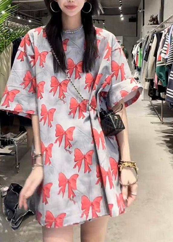 Loose Red O-neck Bow Print T Shirt Summer