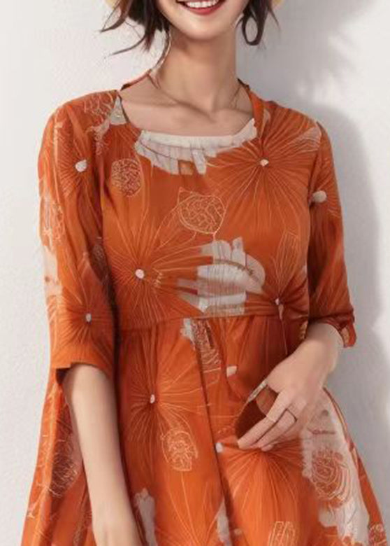 Handmade Orange O-neck Print Patchwork Silk Maxi Dress Half Sleeve