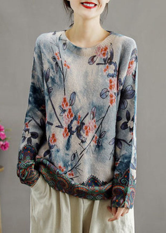 Classy Khaki O-neck Print Mink Hair Knitted Sweaters Long Sleeve