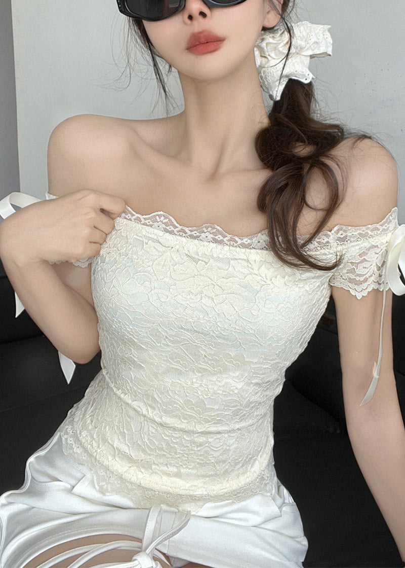 Apricot Slash Neck Lace Tops Short Sleeve