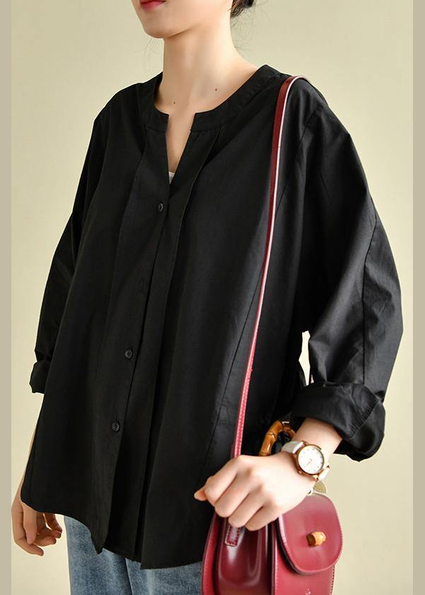 Natural Button Down Black V Neck Tops
