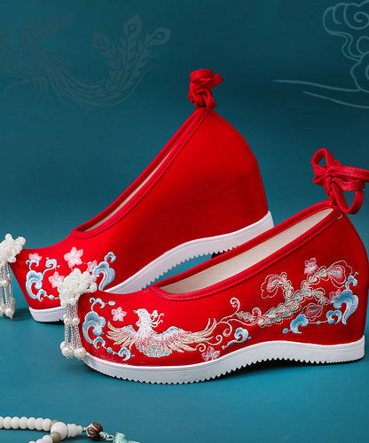 White Embroideried High Heels Shoes Wedge Satin Fabric Lace Up High Wedge Heels