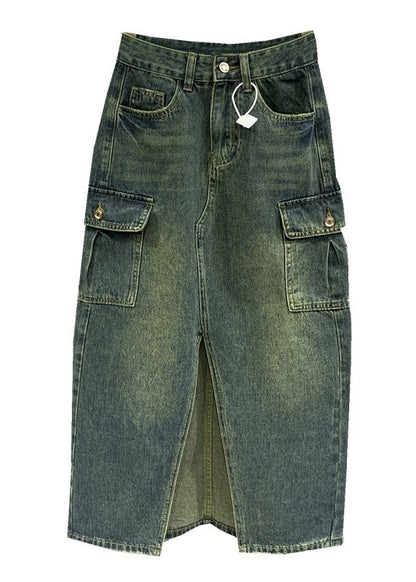 Style Blue Front Open Pockets Patchwork Denim Skirts Spring