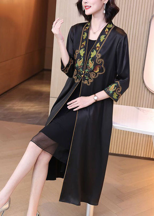 Black V Neck Print Draping Silk Long Cardigans Bracelet Sleeve